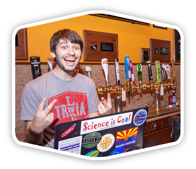 trivia-jockey-transback Excited live trivia host in front of a laptop